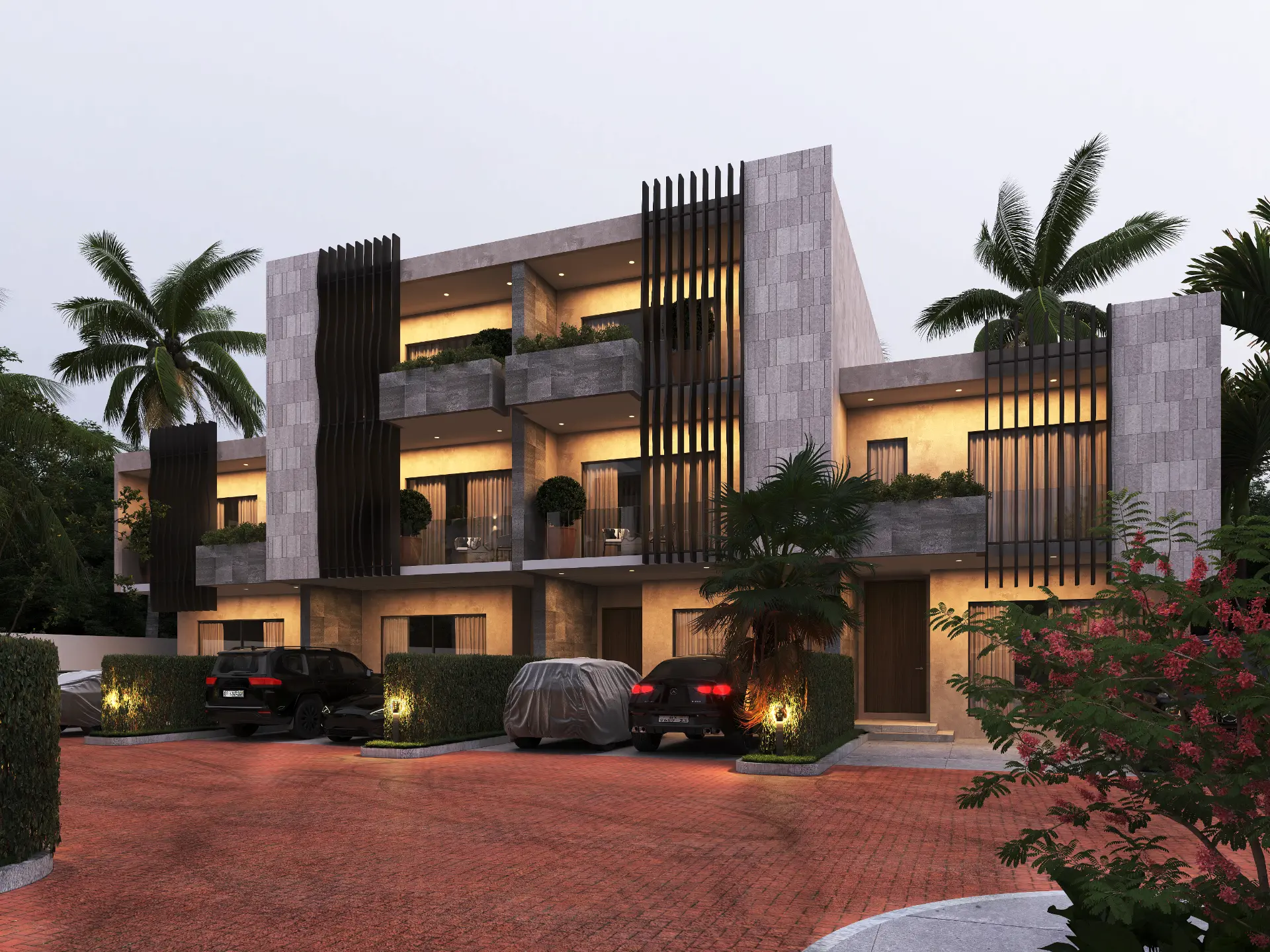 Brickstone homes lit at dusk