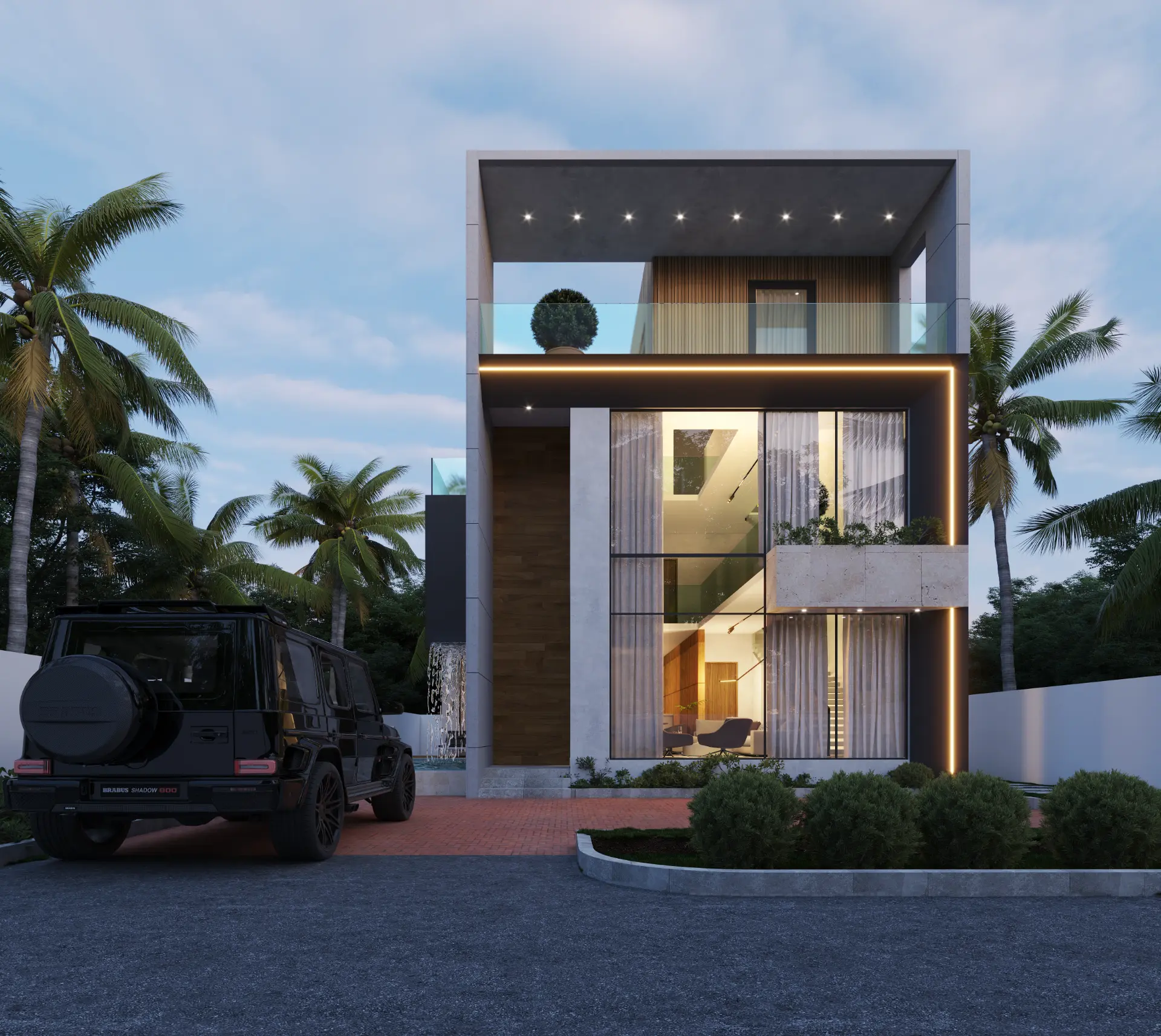 Rockwell frontal elevation with warm LED detailing and timber cladding