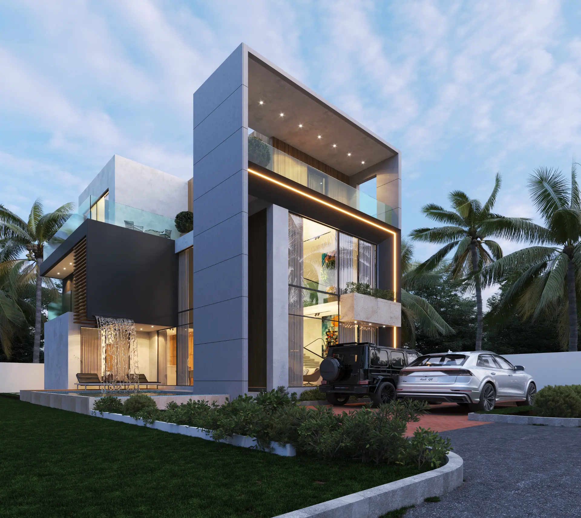 Rockwell villa at dusk with double-height glazing and water feature