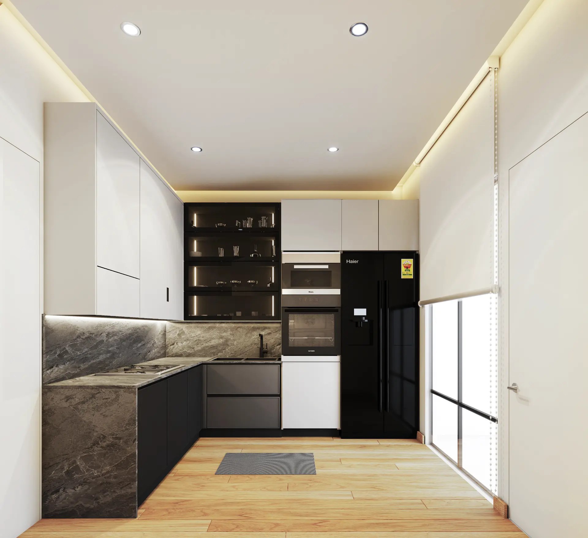 Rockwell type two kitchen with monochrome cabinetry