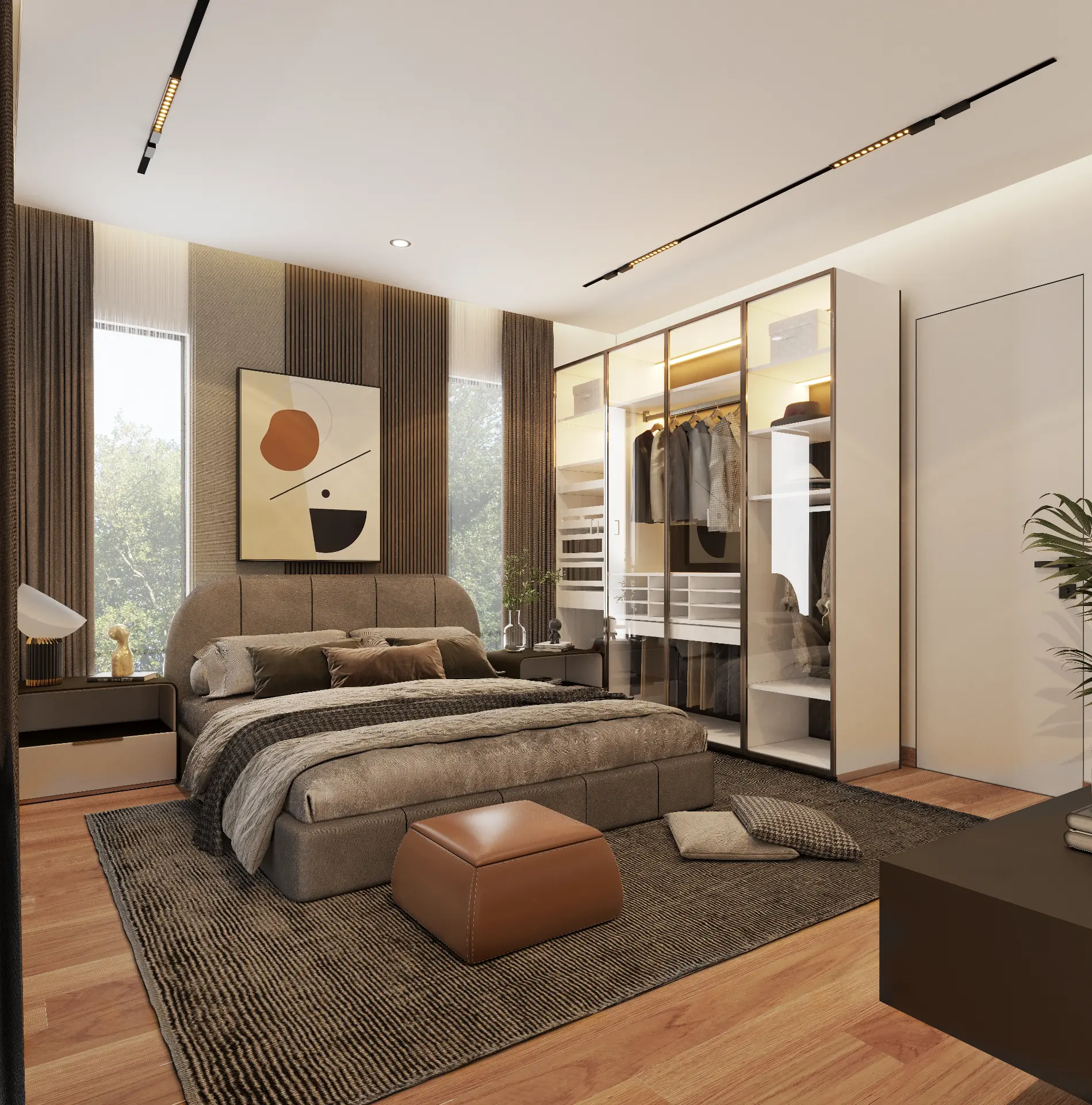 Rockwell principal bedroom with fitted glass-front wardrobe