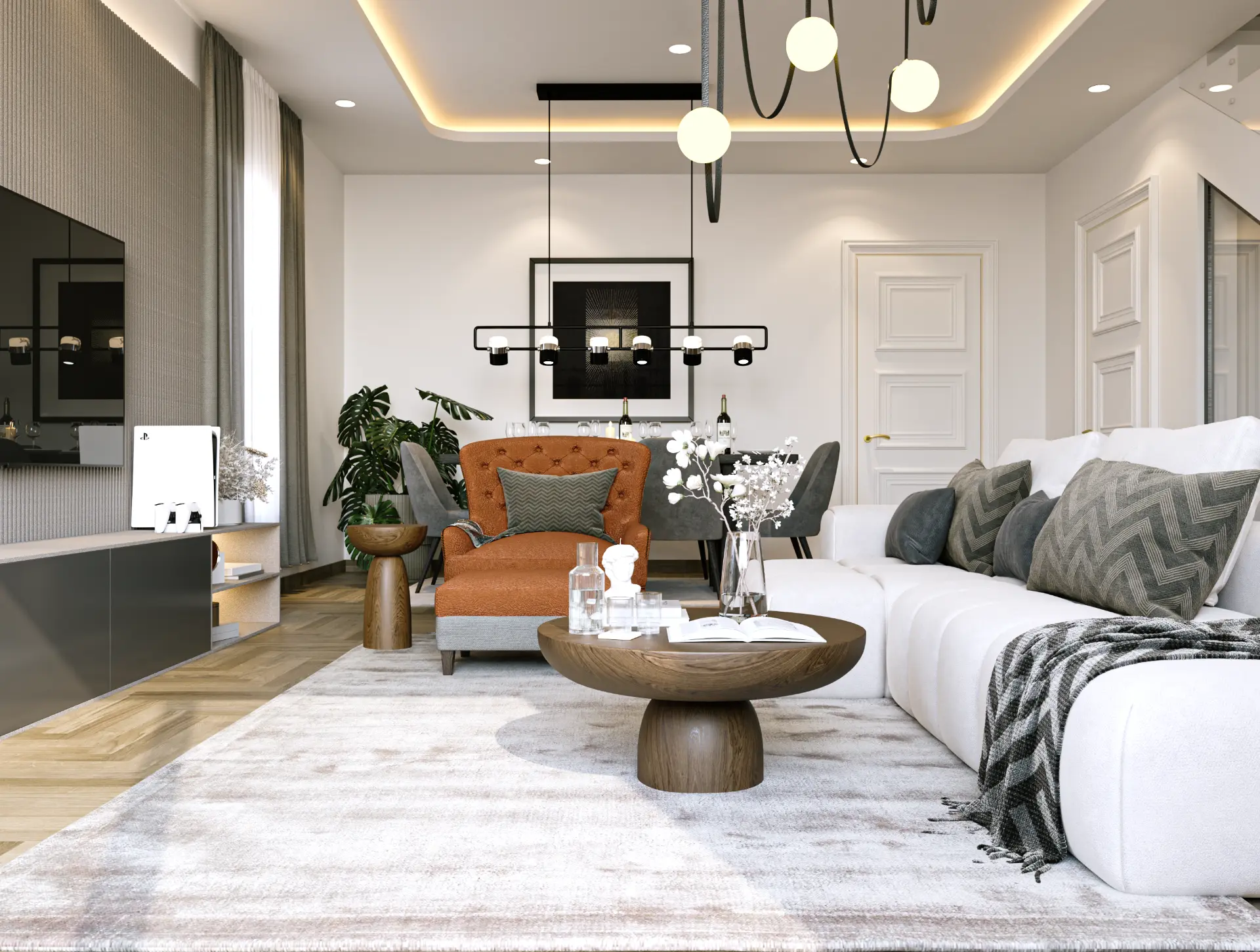 Sannan Homes living room with herringbone floors and warm lighting