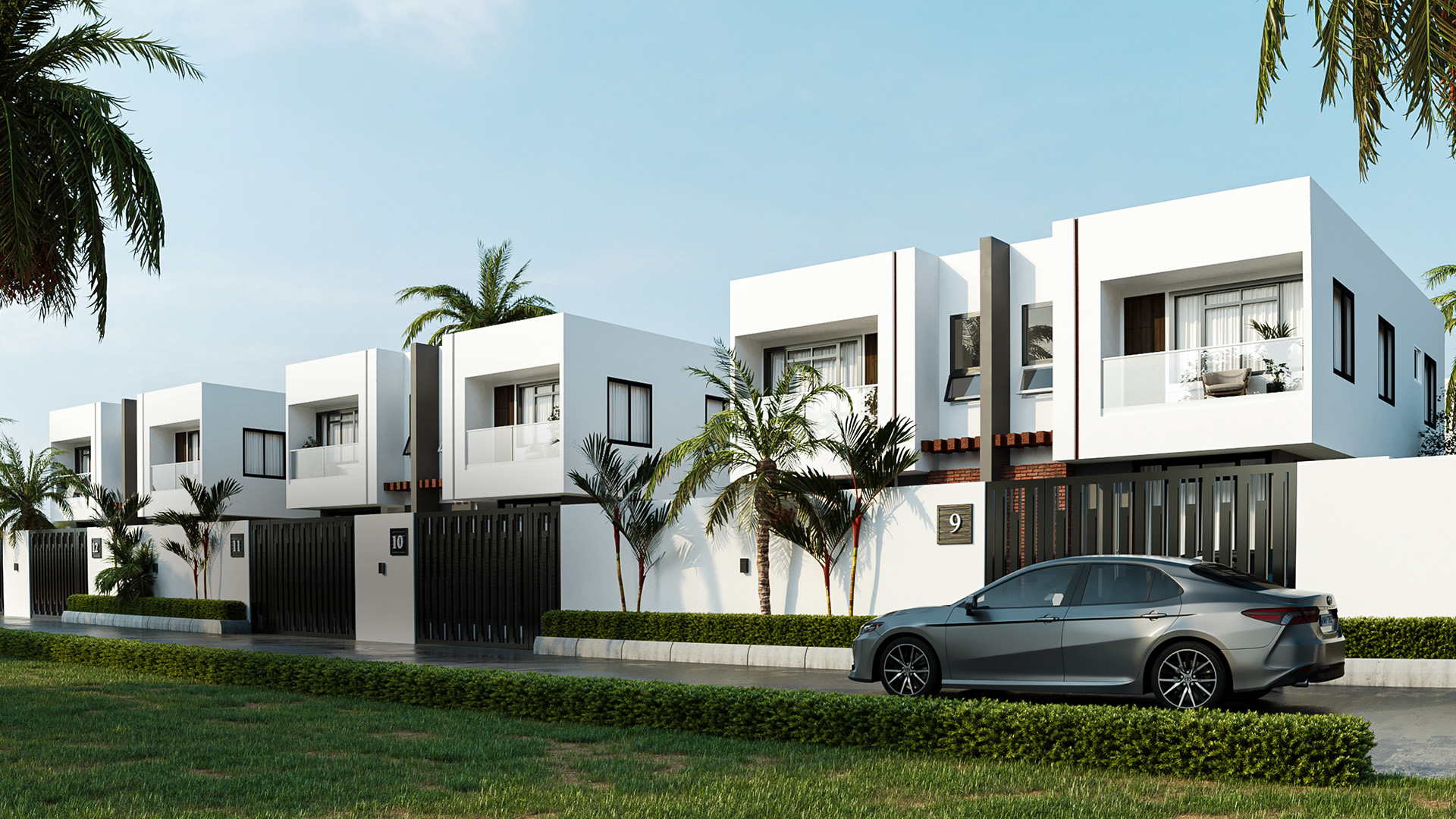 Sannan Homes street elevation with white façades and gated frontages