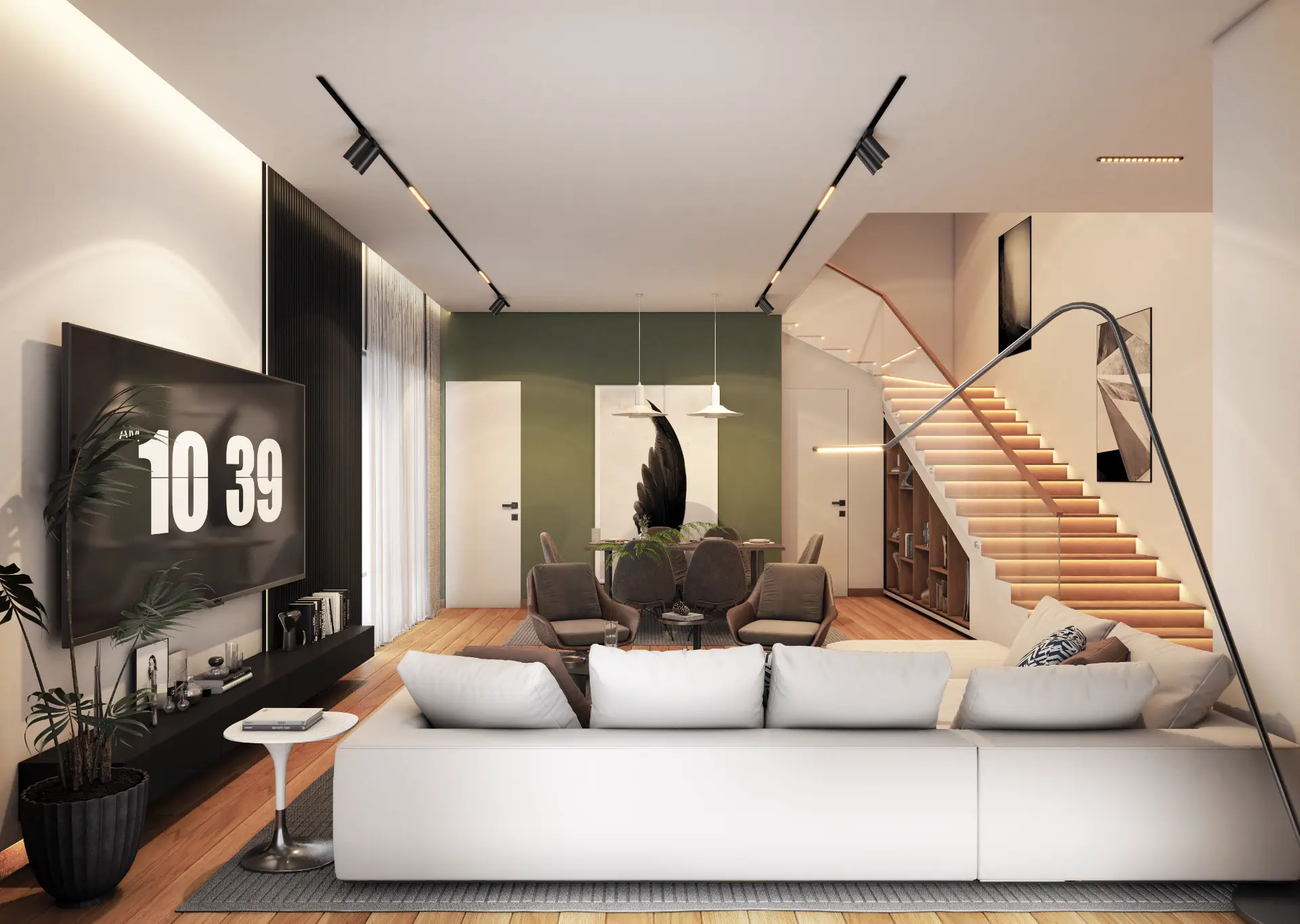 Rockwell open-plan living and dining area with illuminated staircase