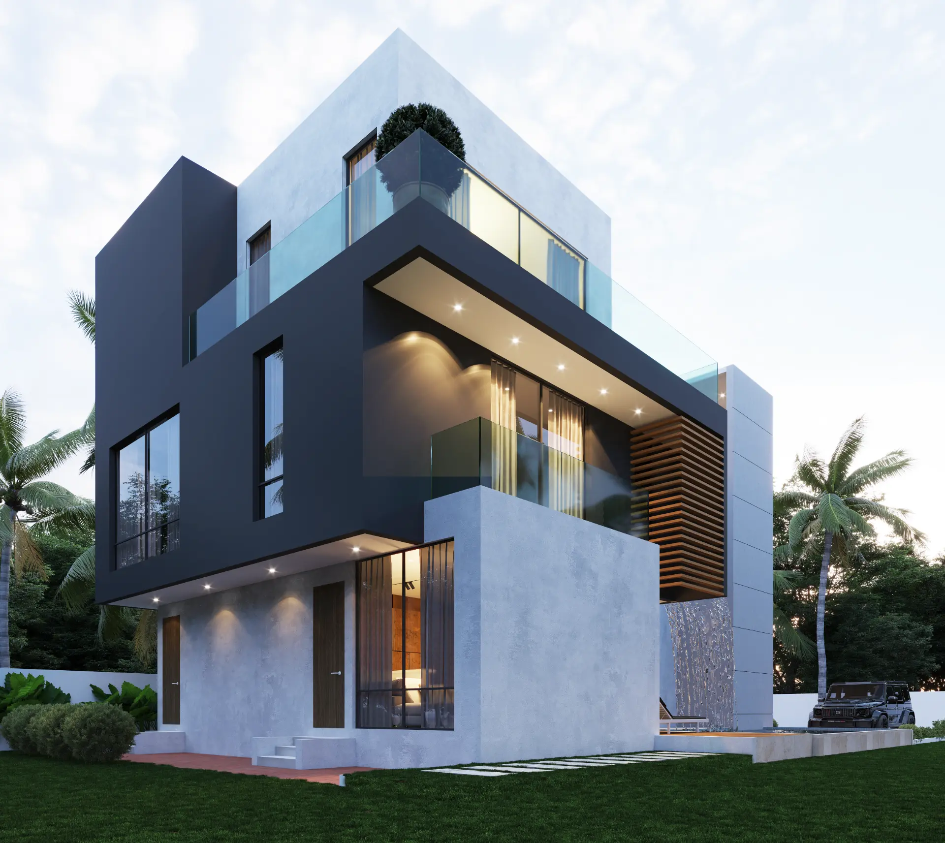 Rockwell corner villa with charcoal massing and glass balustrades