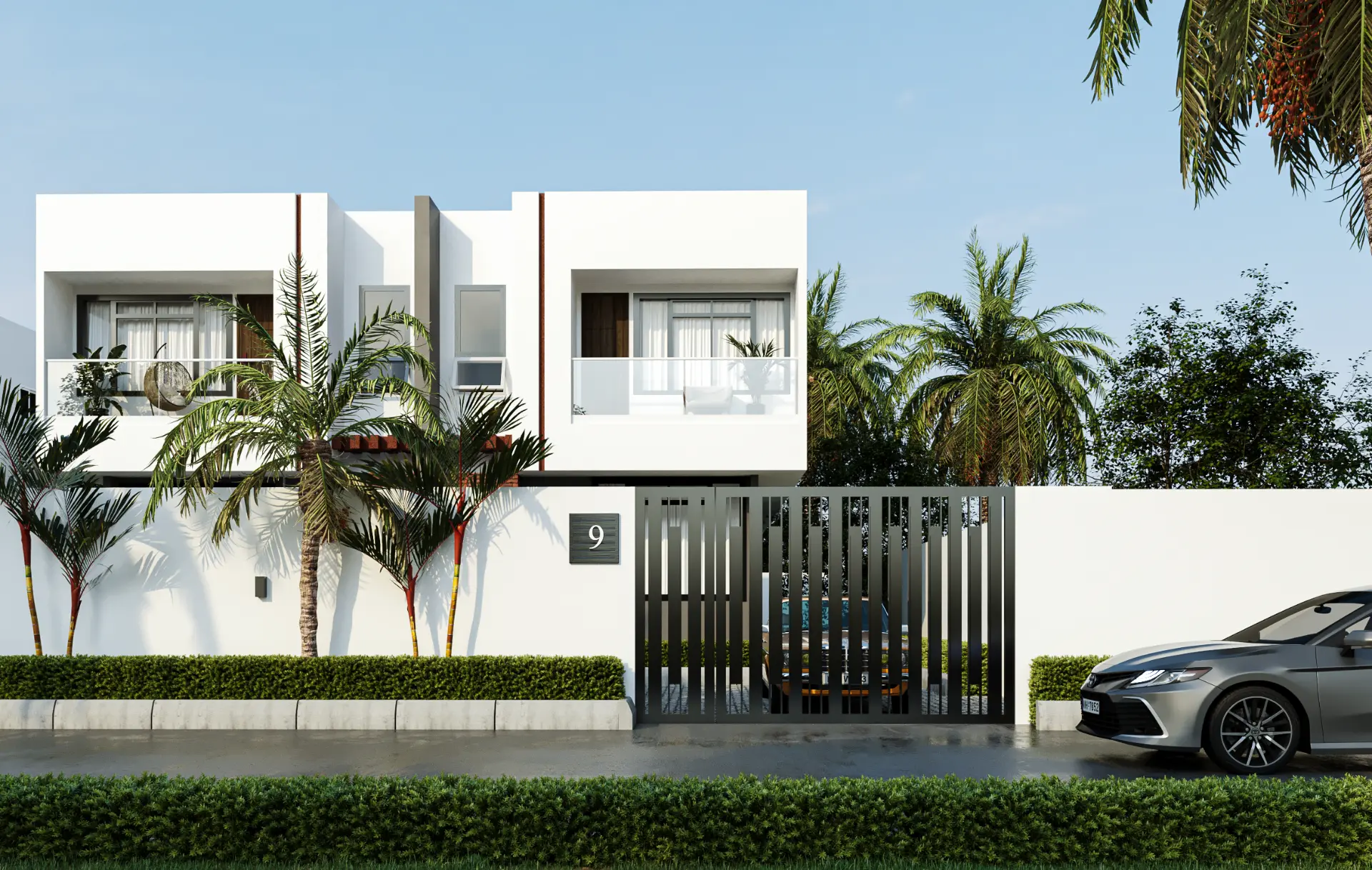 Sannan Homes frontal view with slatted gate and palm-lined boundary